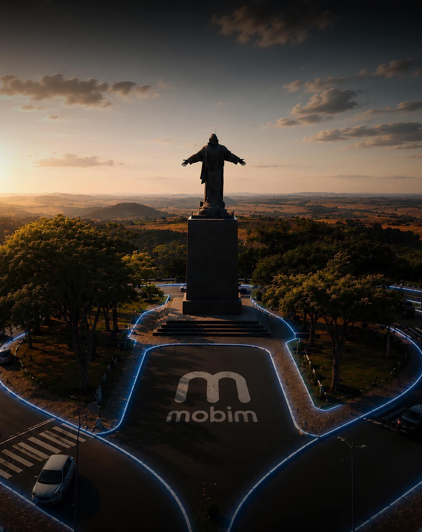 Vista aérea do Cristo de Cornélio Procópio com a identidade Mobim